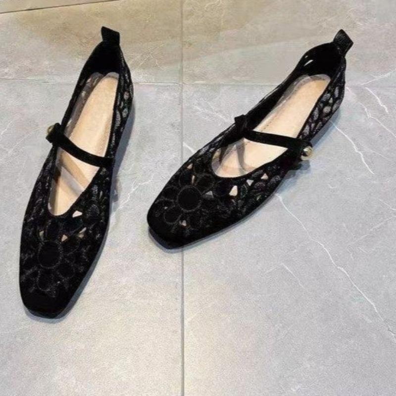 Fashion Summer New Square Head Shallow Mouth Fabric Hollow Breathable Metal Buckle Soft Sole Non-slip Low-top Shoes in The Heel Shoes