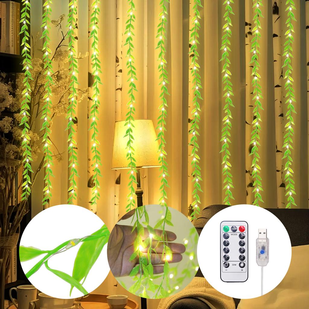 Ghirlandă LED cu frunze artificiale de salcie, USB, 8 moduri, telecomandă, perdea luminoasă LED pentru decor de nuntă, petrecere, Crăciun