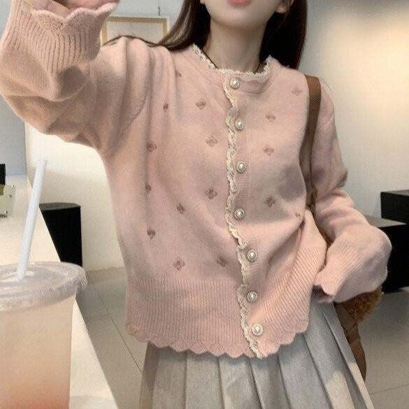 Spring Korean Sweet Lace Trim Knit Cardigan Women Sweater Knit Top Seasonal Womenswear