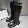 Wide Autumn and Winter New European and American Metal Buckle Knight Boots Women's Velvet Black Round Head Medium Tube Thick Heel Side Zipper Boots