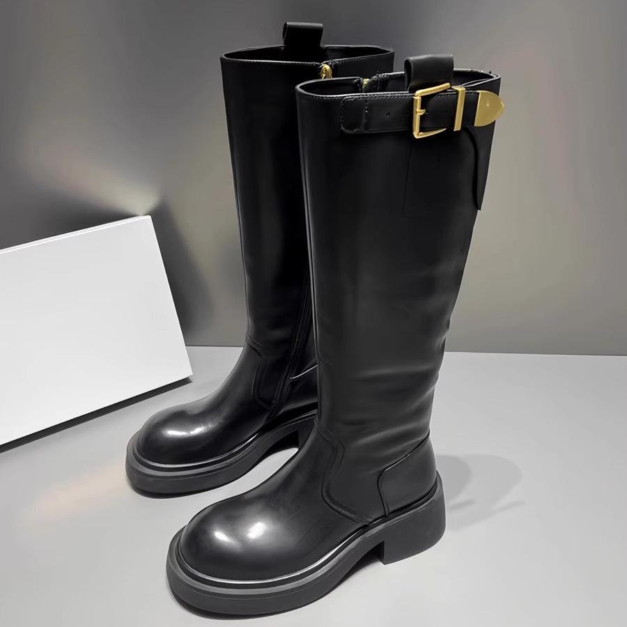 Sheepskin Version~ European Genuine Leather Boots, New Round Head Thick-soled Muffin-bottom Knight Boots, Belt Buckle High Boots