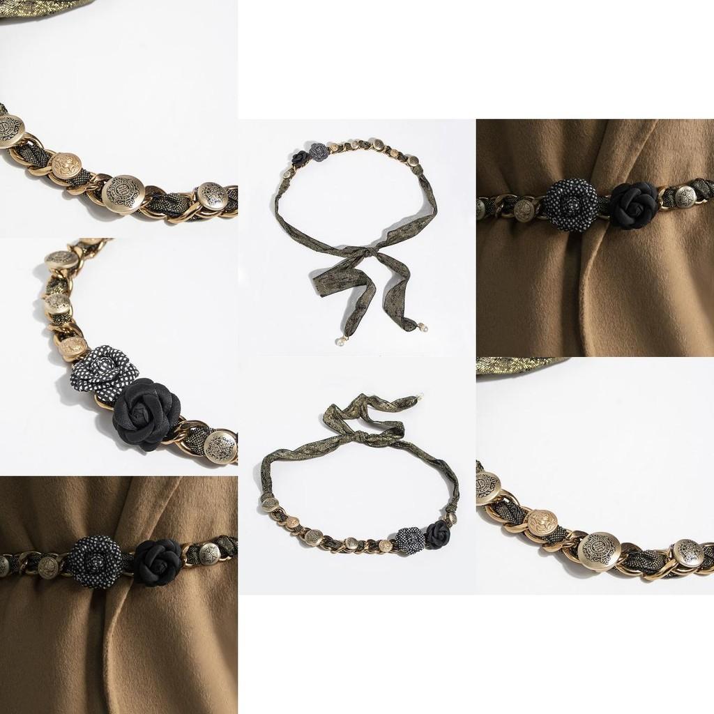 Ethnic Style Womens Silk Belt With Rose Flower Vintage Button Chain For Summer Fashion