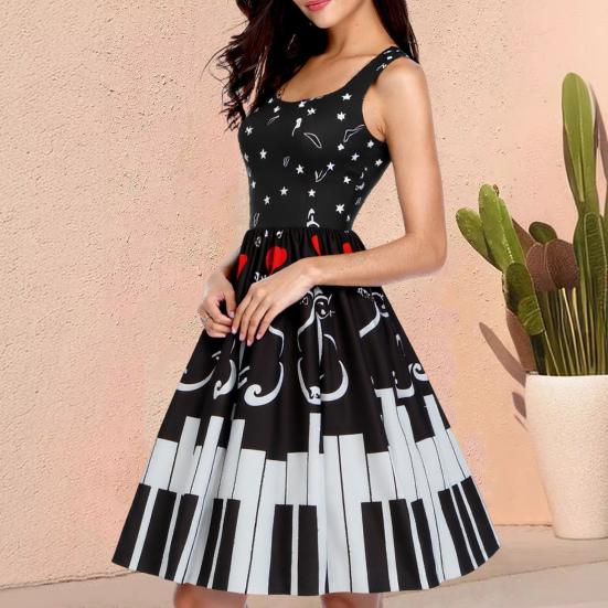 Damen Ärmelloses 1950er Vintage Kleid Notenblatt Druck Midi Kleid Retro Cocktail Swing Kleid