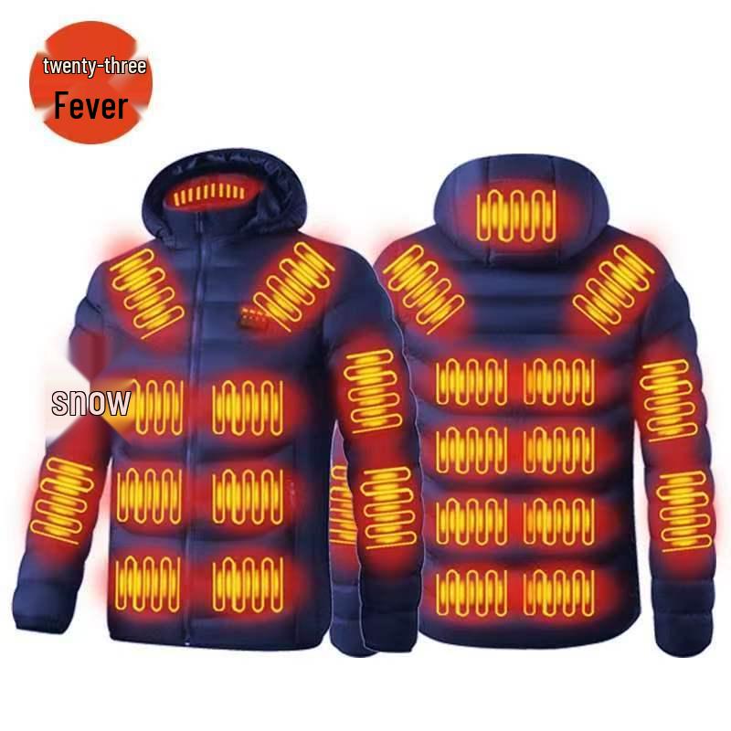 7.4V Heated Hooded Cotton Jacket with Four Controls and 25 Heating Zones for Outdoor Warmth