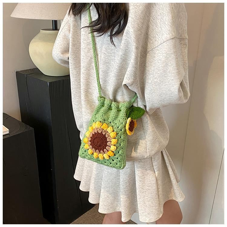 Handmade Crochet Sunflower Phone Crossbody Bag For Women, Cute Knitted Lightweight Cell Phone Purse Drawstring Pouch For Daily Commute