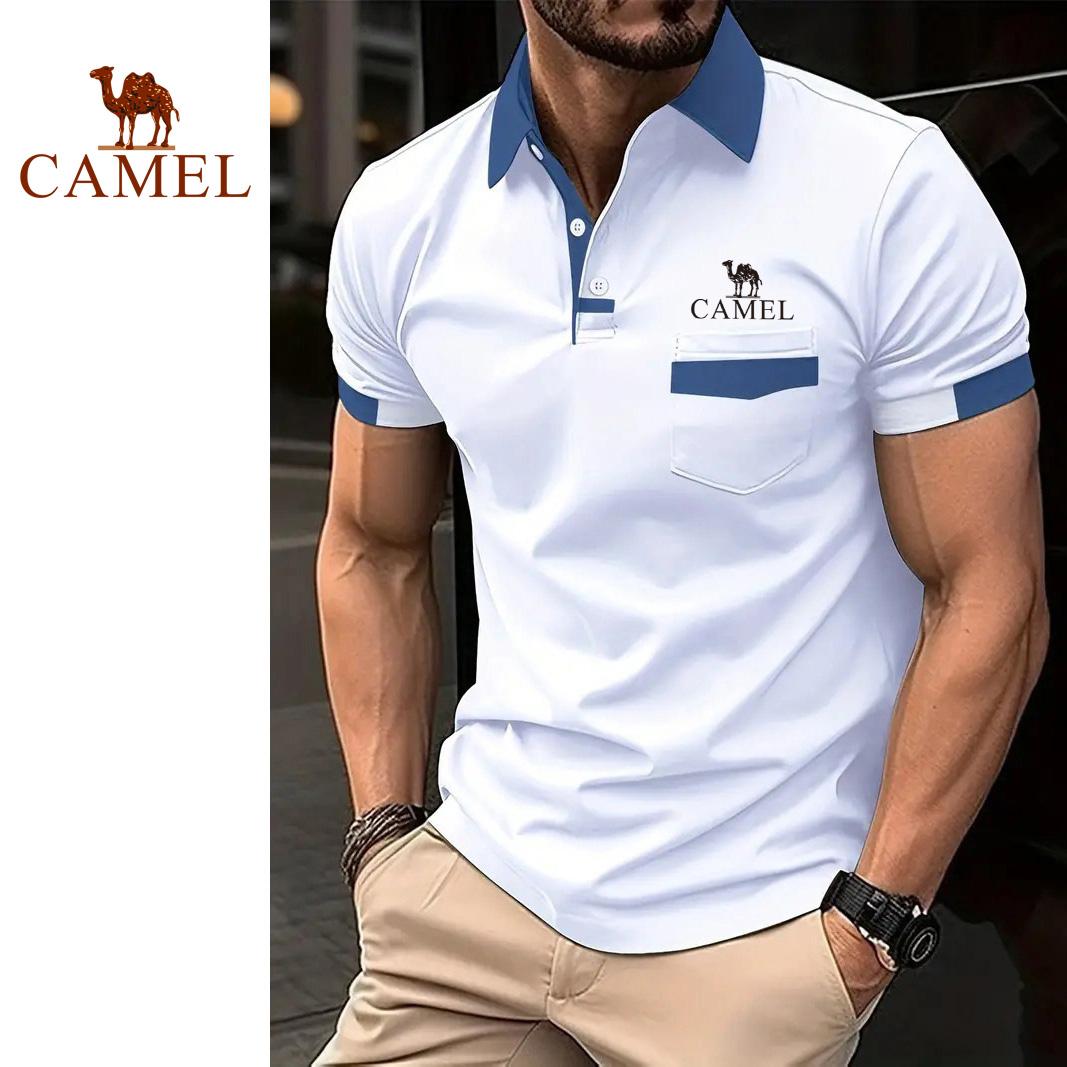 

Camel 2024 Летняя мужская рубашка поло с цветными блоками и карманами, спортивная рубашка поло больших размеров XL белый