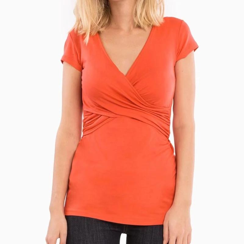 V-Ausschnitt Schwangere Damen Freizeit Kurzarm Stilltop Mutterschaft Damen Nachgeburt Baumwolle Still-T-Shirt M orange