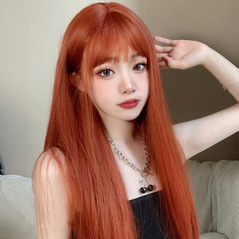 Long Straight Dirty Orange Wig With Bangs Synthetic Hair Wigs Bang With Wig For Women