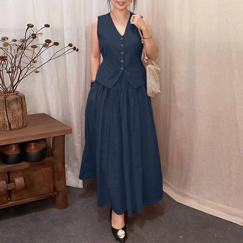 ZANZEA Women Sleeveless Vest Tops and Long Skirts Summer Two Piece Suit Sets