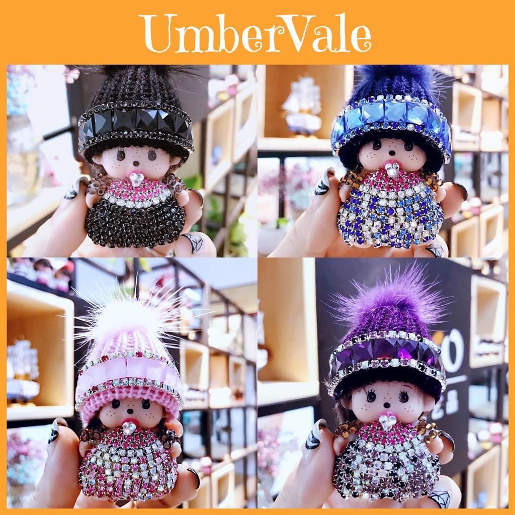 Kristalais inkrustuotas Monchhichi raktų pakabukas, megzta kepurė, audinės pakabukas, prizas iš žaidimų automato, mainų dovana