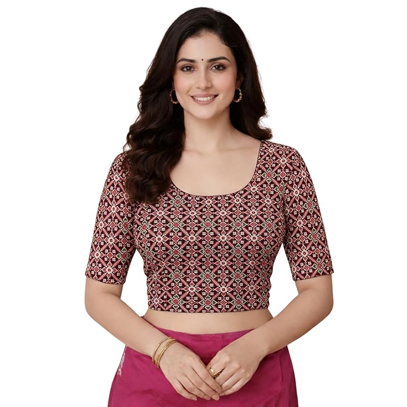 Amazon Brand Anarva Women' Kalamkari Print Cotton Stretchable Round Neck Readymade Saree Blouse (KalamkariBlouseSoi
