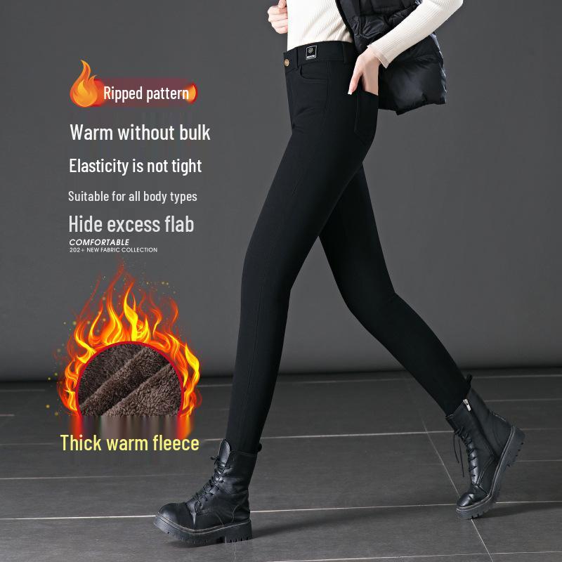 Warm High-Waist Skinny Denim Pants for Autumn/Winter - Slimming, Elastic, Plus Velvet Mom Jeans