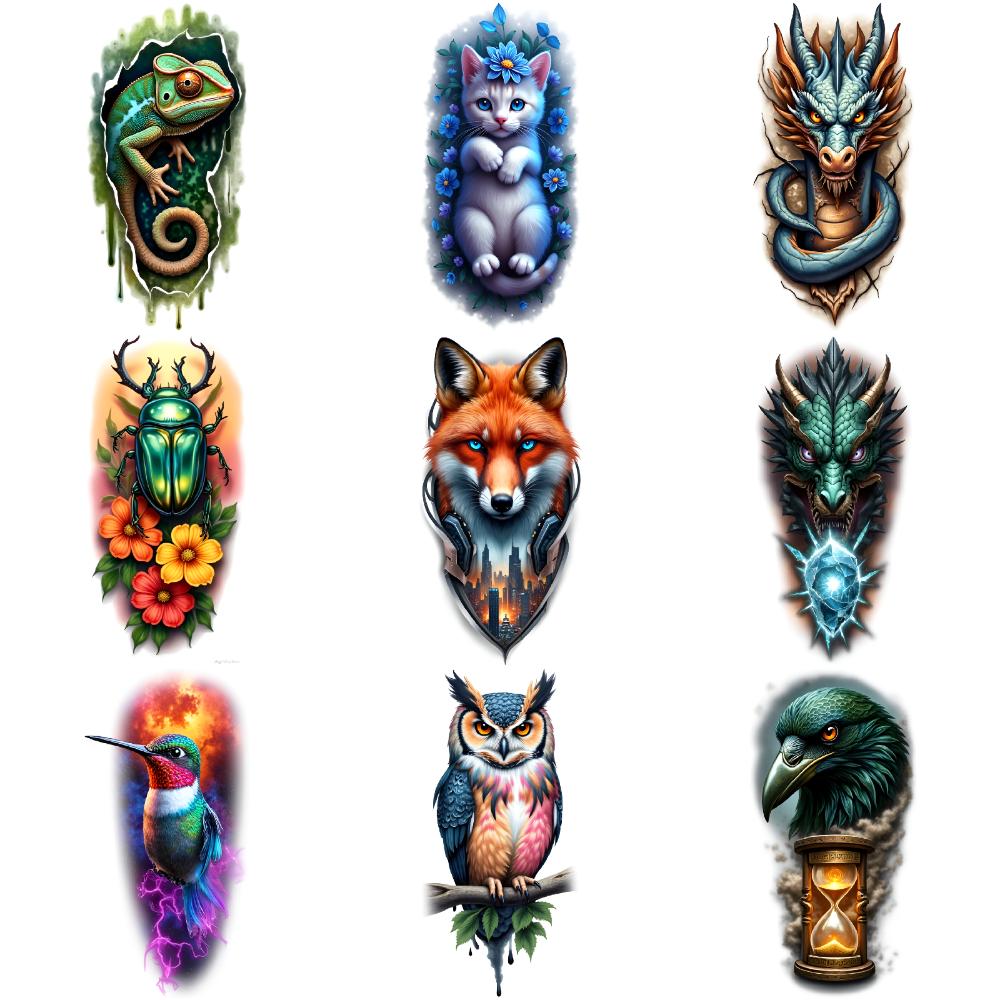 9pcs Temporary Tattoo Black Bird With Clock Realistic Temporary Tattoos Chameleon Golden Beetle With Galaxy Colorful Realism For