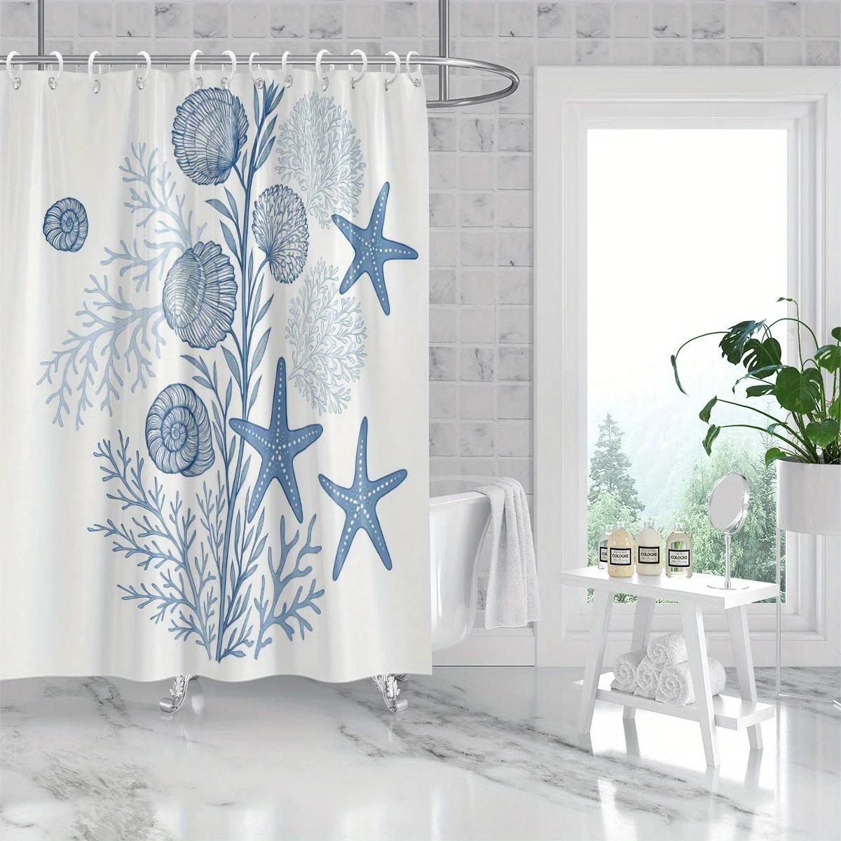 

1 x Ocean Elements Starfish and Shell Print Shower Curtain - Blue and White Nautical Design, Polyester, with Hooks, for Bathroom 90x180cm