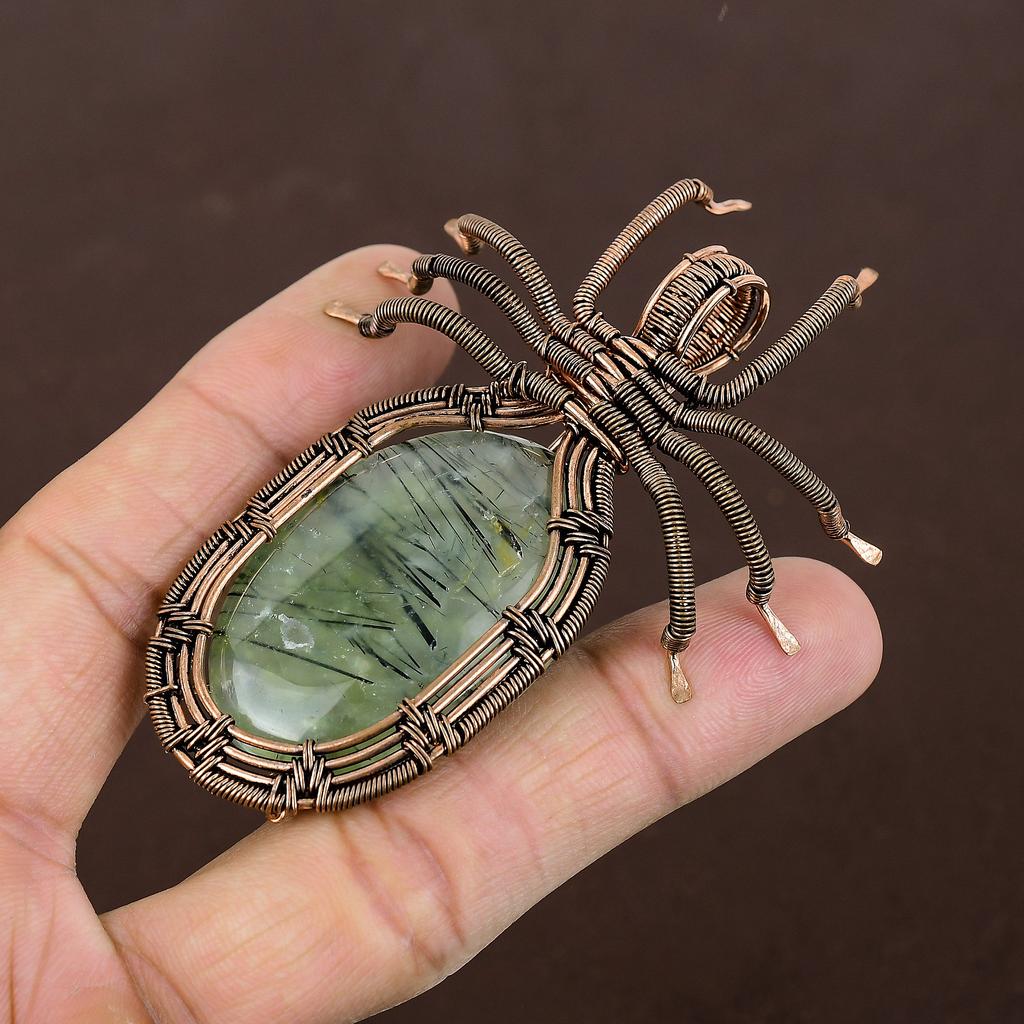 Natural Moss Prehnite Stone Handmade Copper Wire Wrap Spider Pendant 2.56" R6O56