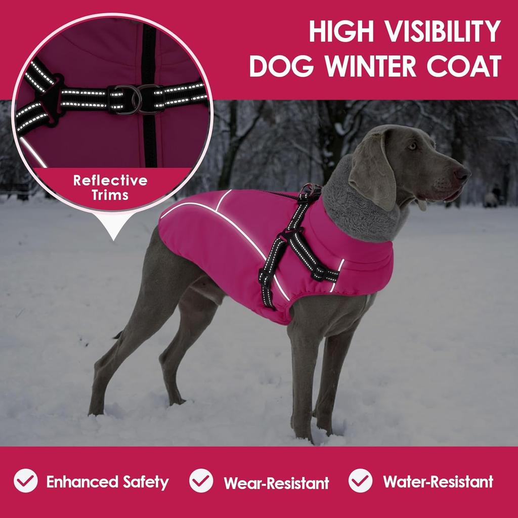 AOFITEE Dog Jacket with Harness Built in, Waterproof Dog Coat for Small Dogs, Warm Fleece Pet Puffer Vest with Zipper on Back & Furry Collar,