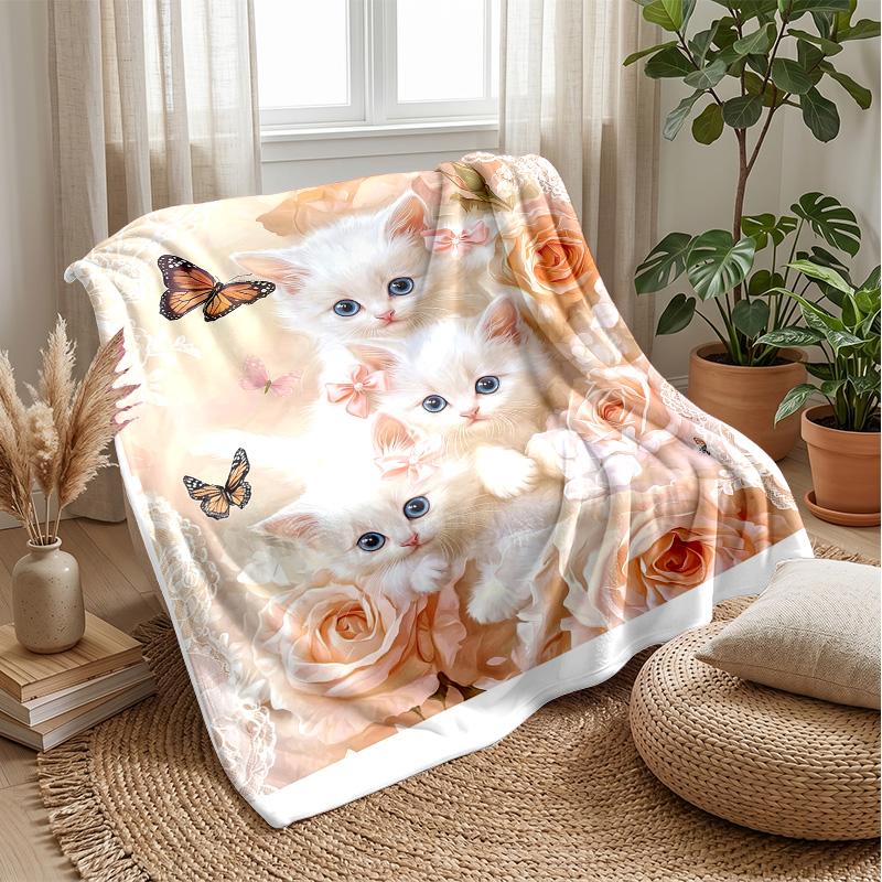 Kittens and Butterflies Fantasy Theme Blanket Lightweight Warm Flannel Blanket Decorative Throw Blanket for Home Decoration