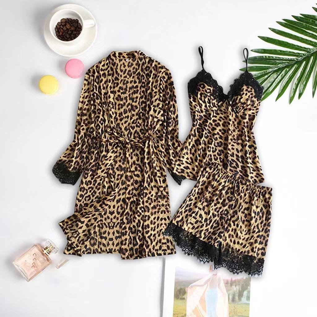 Vasaros leopardo nėrinių sujungimo pižama moterims, seksualios liemenės, šortai, minkštos, be rankovių, gilios V formos iškirptės, namų pižama