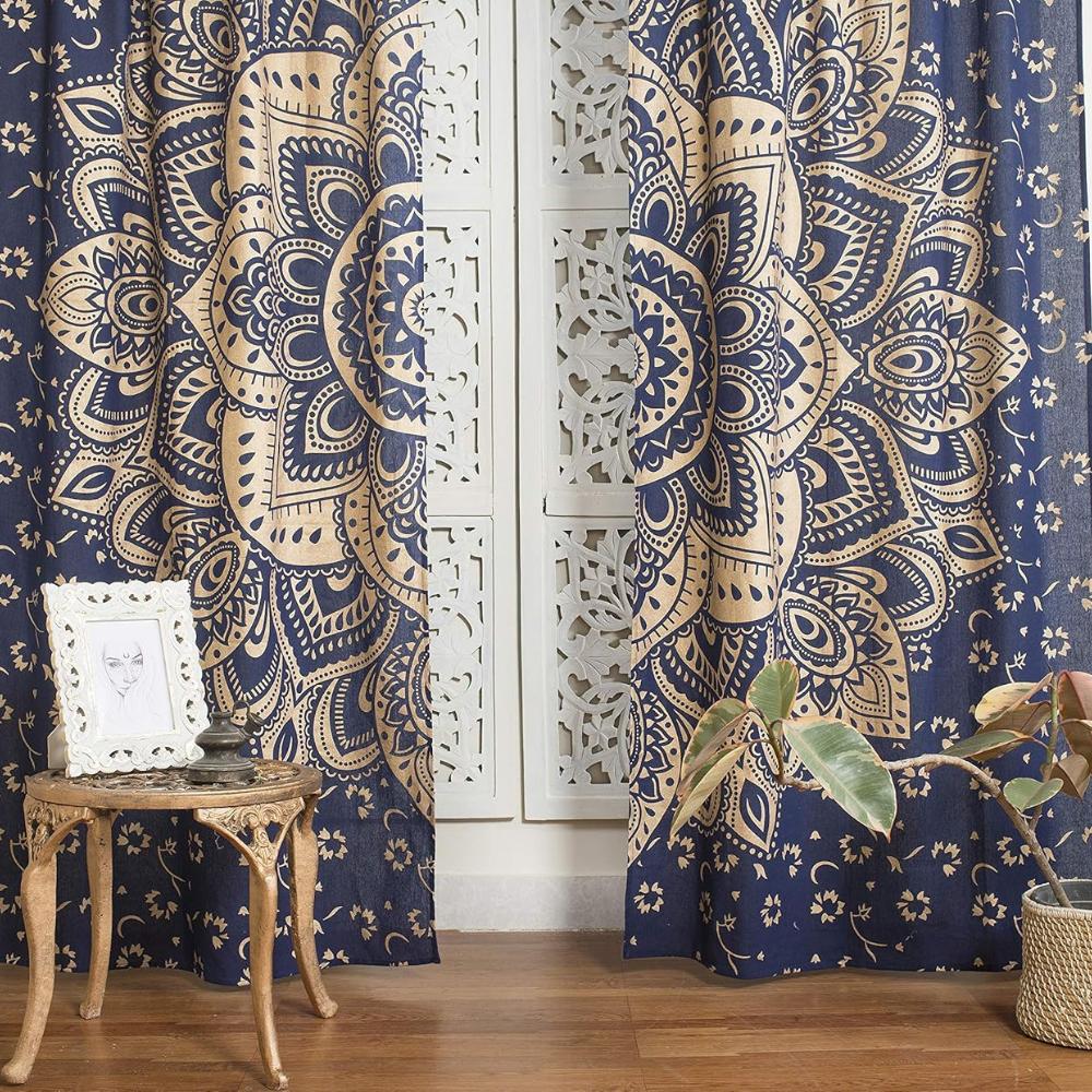 BLESS INTERNATIONAL Beautiful Indian Bohemian Psychedelic Hippie Flower Ombre Window Curtain Panels for Bedroom, Living, Balcony (Blue Gold)