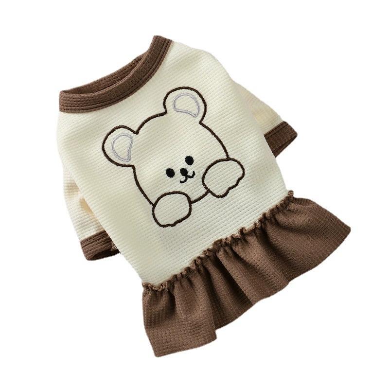 Bear Embroidered Dog Outfit, Waffle Knit Pet Shirt and Dress for Small Dogs