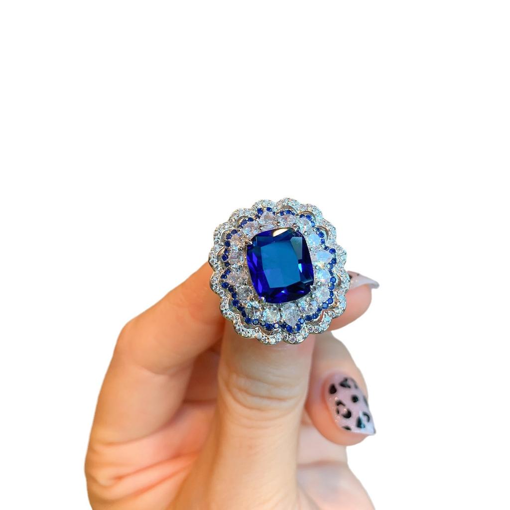 Jewelry Retro Ring Simulation Blue Glass Two-Color Stone Diamond Pendant Ring Set 10 * 12