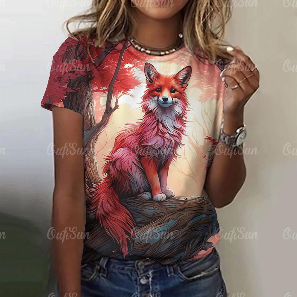 3D Cartoon Fox Print Women's T-Shirt Summer O Neck Casual Short Sleeve Ladies Tees