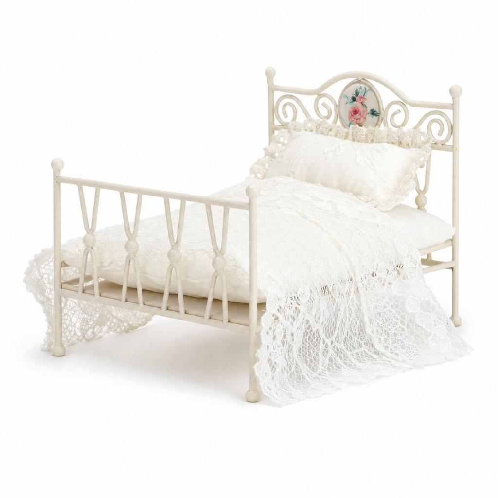 Bed with Bedding Vintage Miniature Metal Ornate Furniture for Collectors,
