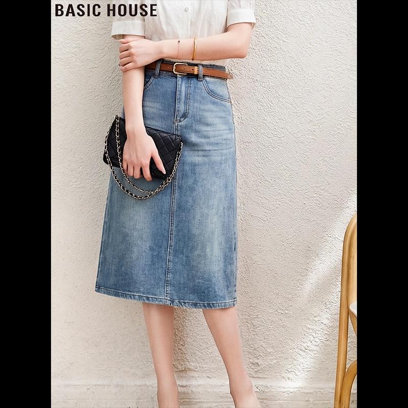 Basic House Women s Blue Denim Straight A-line Midi Skirt 2XL