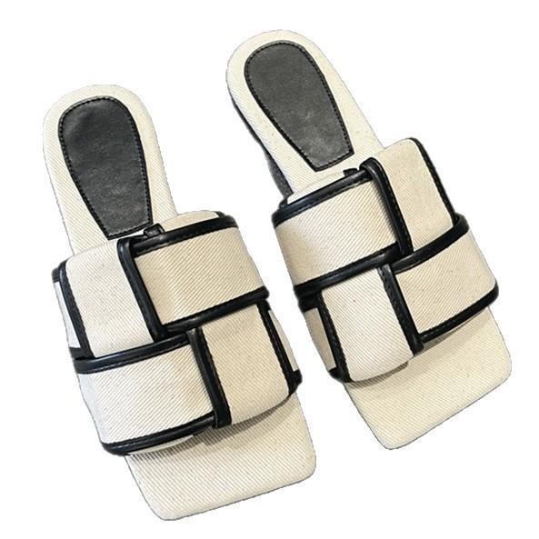 Wear one word women's new fashion knitted square head 2025 flat-bottomed open-toed cool slippers summer slippers