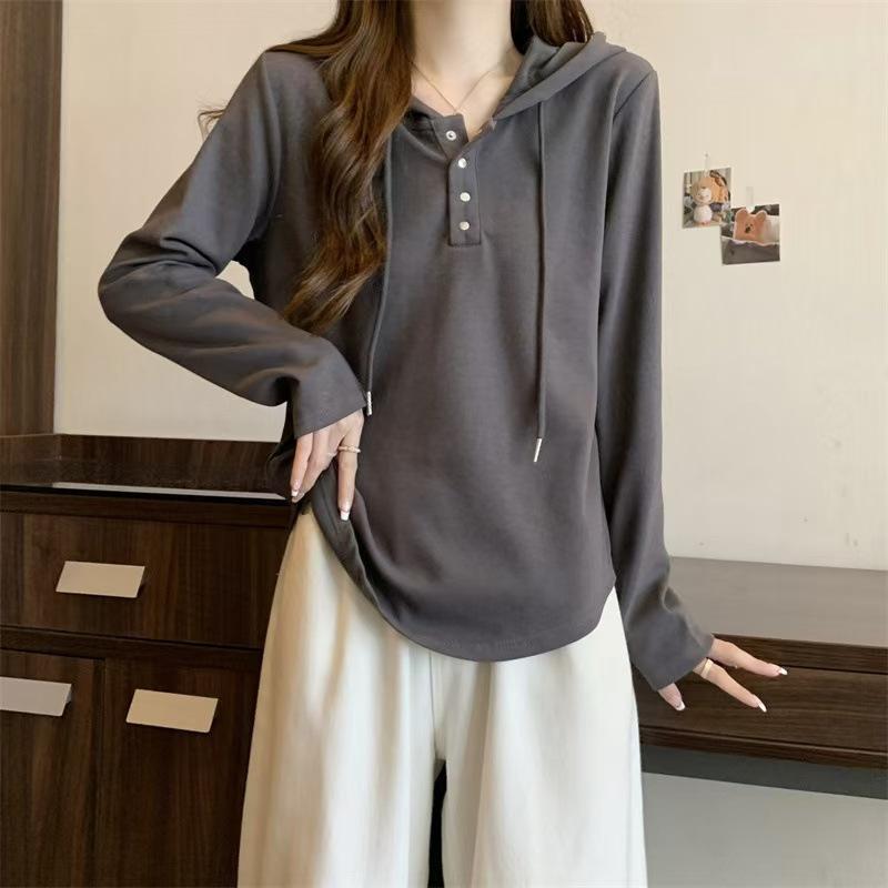 A Full-shoulder Hooded Sweatshirt for Women in Spring and Autumn, with An Irregular Design That Covers The Belly and Makes One Look Slimmer