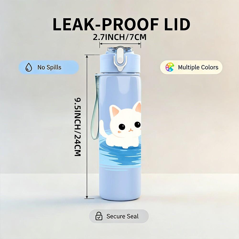 1PC White Cat Swimming Cartoon 750ml Color Plastic Sports Water Bottle Leakproof Flip Straw Lid Suitable for Sports Office Home Use