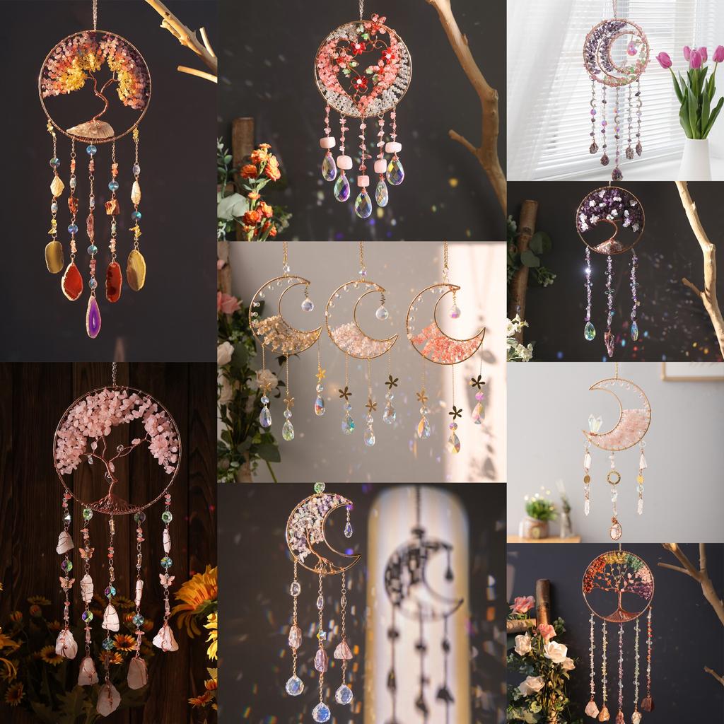 Hand-Woven Wind Chimes Life Tree Dream Crystal Wind Chime Crystal Stone Room Decoration Engraving Christmas