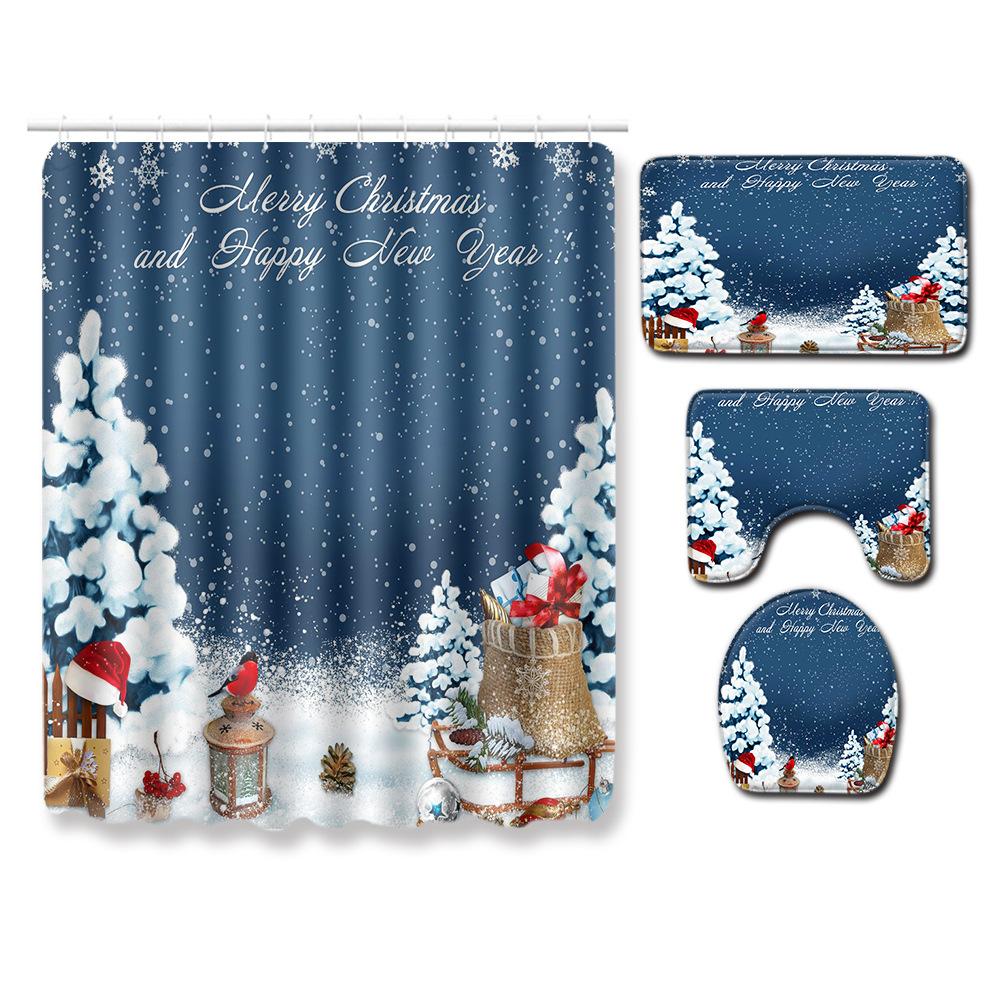 Christmas Shower Curtain Floor Mat Combination Four-Piece Set Bathroom Toilet Carpet Shower Room Mat Foot Mat