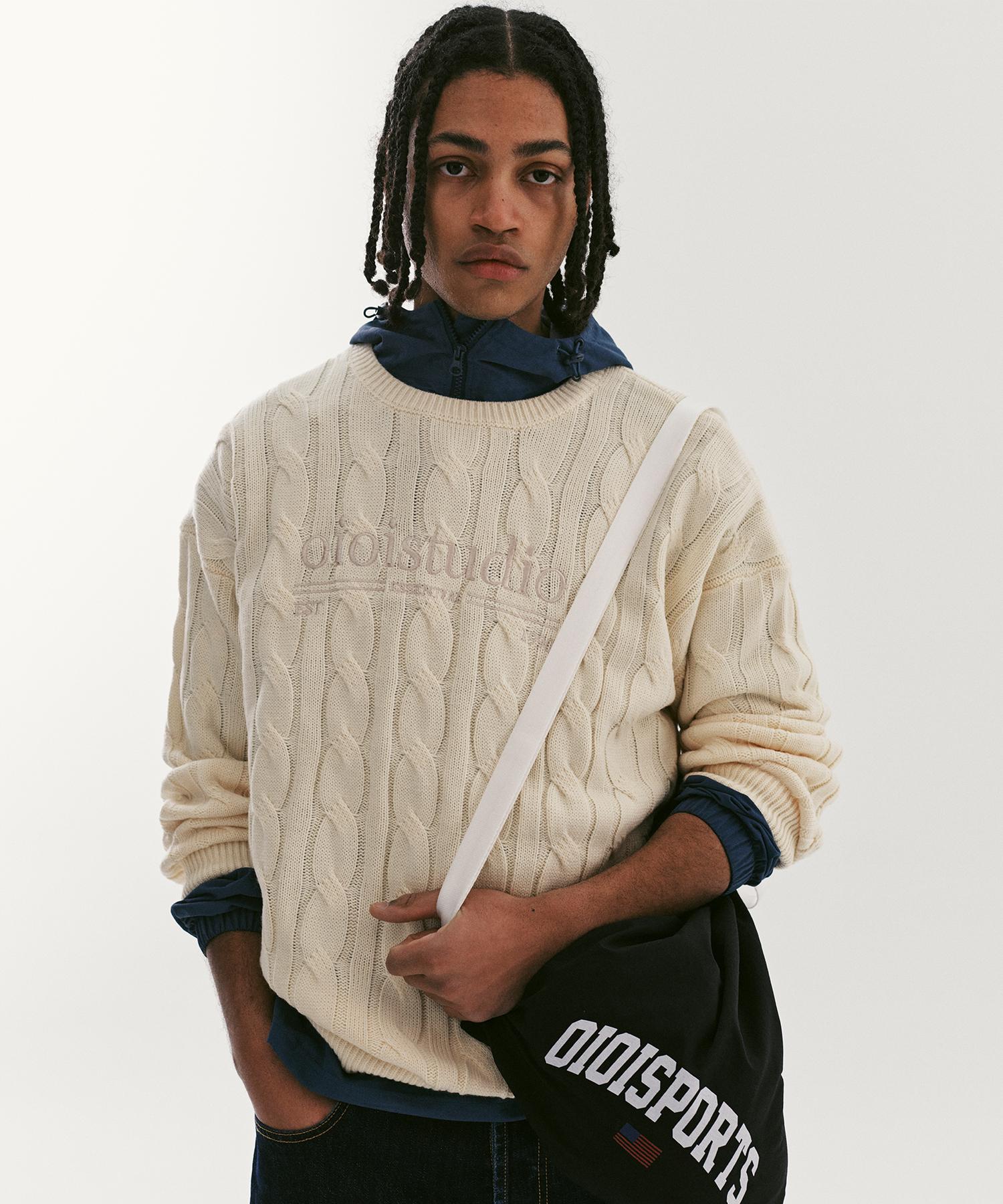 Oioi Collection Layered Logo Cable Knit_Cream Sky Blue/Xl