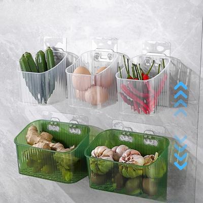 Kitchen Storage Box for Scallions, Ginger and Garlic, Wall-mounted Storage Basket for Food, Food Basket Storage Device with Drip Tray Hook