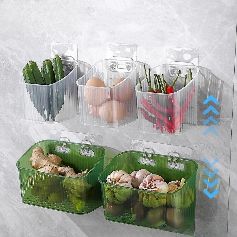 Kuchyňská úložná krabička na jarní cibulku, zázvor a česnek, Nástěnný úložný koš na potraviny, Úložné zařízení na potraviny s háčkem na odkapávací misku