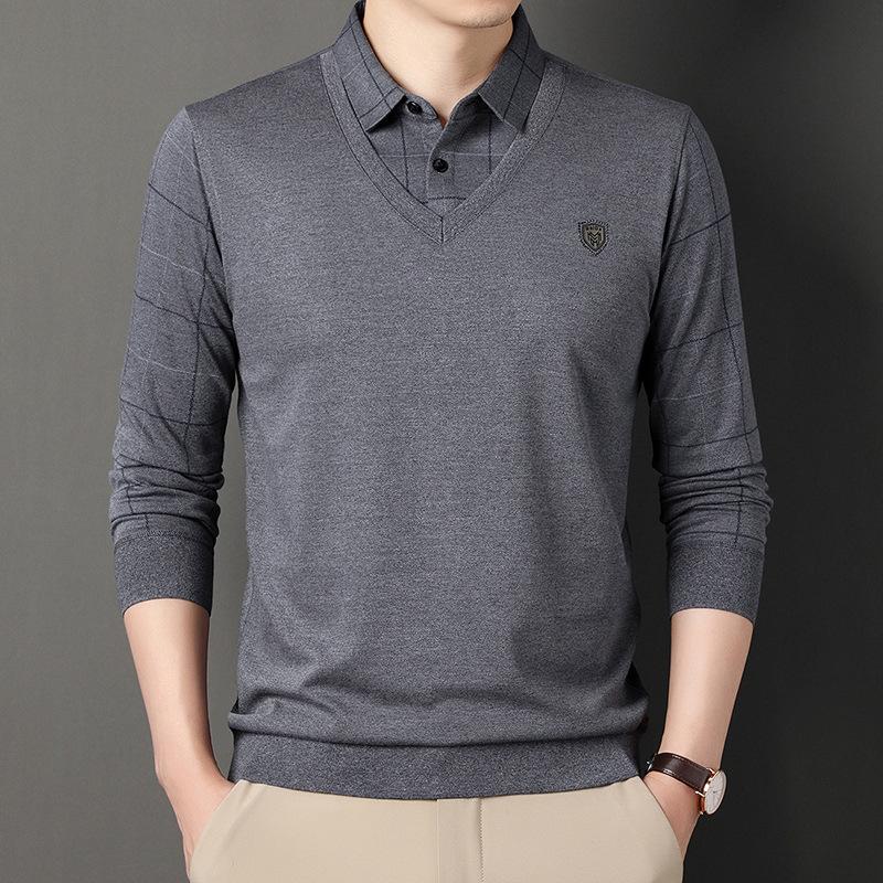Spring and Autumn Men's Long Sleeve Fake Two-Piece T-Shirts Middle-Aged Lapel Casual Plaid Polo Shirt Tops