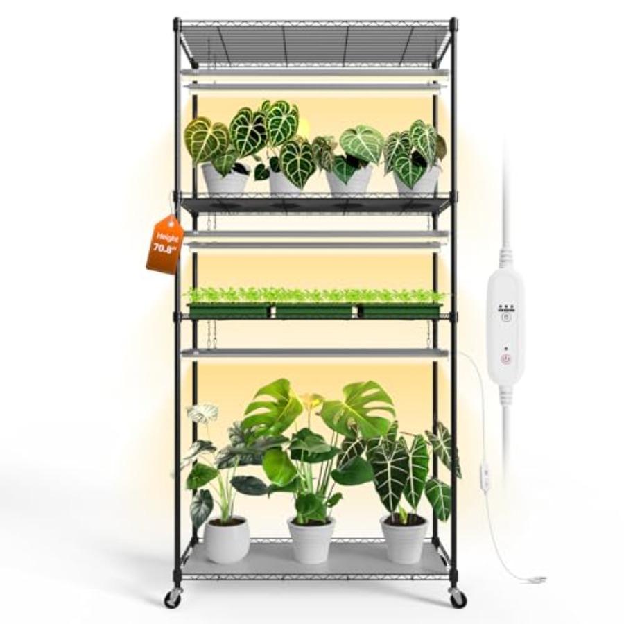 

Tall Plant Shelf with 6 Pack 90W Full Spectrum Grow Lights for Indoor Plants Seed Starting Seed Tray 35.4 L x 13.8 W x 70.8 H B чорний