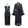 Women Long Sleeve Lace Sheer Lingerie with Halter Neck Dress Robe Set