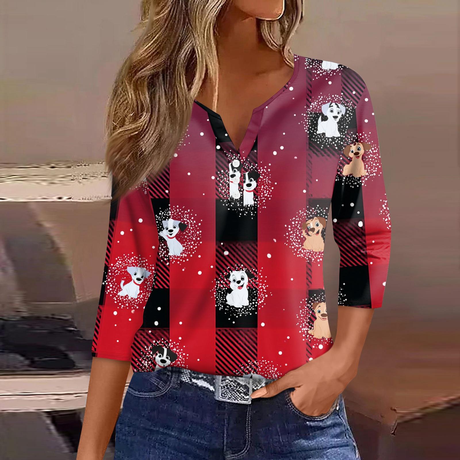 

Женская футболка футболка Рождественская с принтом пуговица рукав 3/4 туника повседневная выходная мода базовая V-образный вырез обычный топ M винный