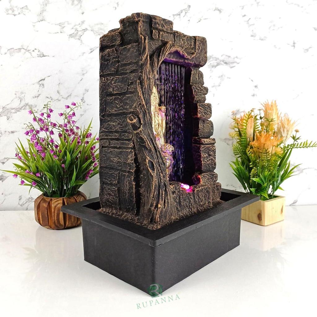 Stein Gufa Ganesha Tischbrunnen mit LED RGB Licht für Wohnkultur/Büro/Geschenk/Einweihungsgeschenk/Hochzeitsgeschenk (Brauner Stein)