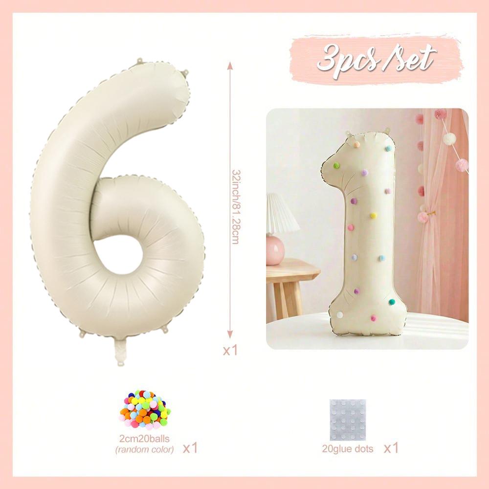 32 Inch Aluminum Foil Balloons, Milky White Numbers 0-9 for Birthday Party Decoration, 20 Plush Balls for Celebrating Birthdays