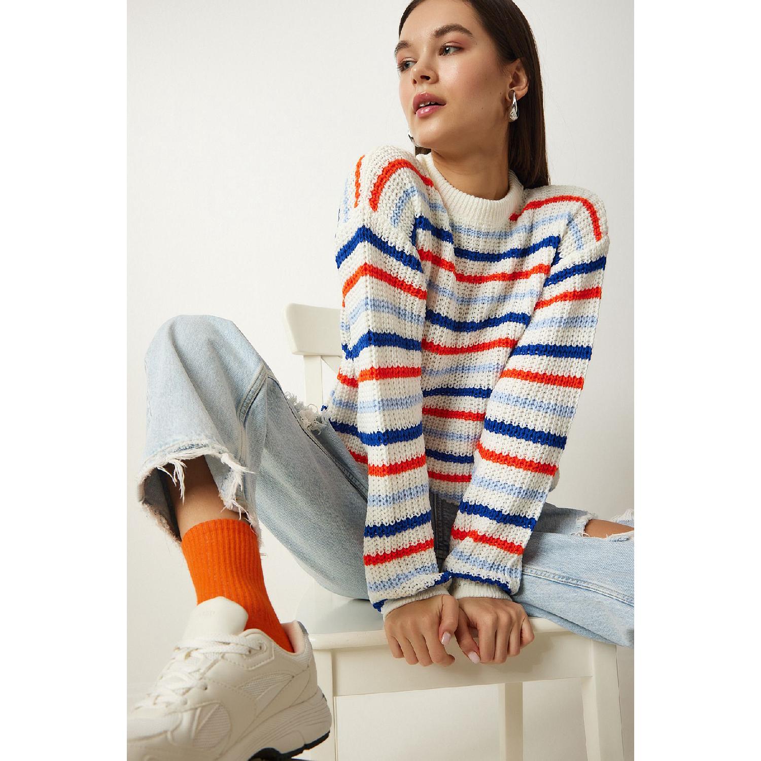 

Women s Ecru Striped Knitwear Sweater Za00072 Standart екрю