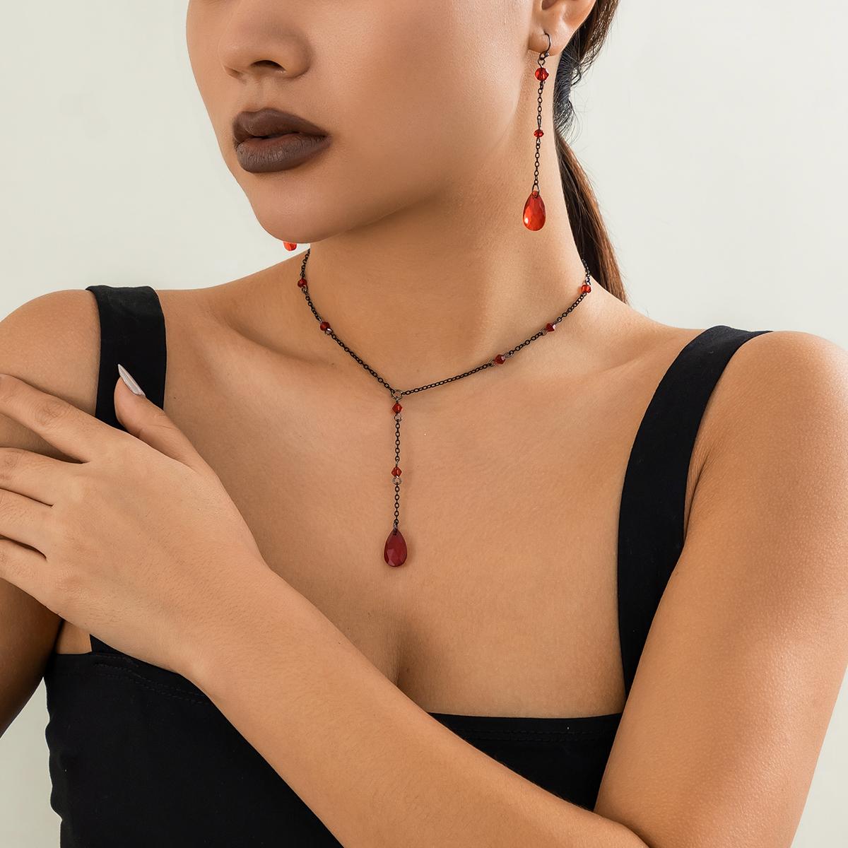 

Goth Black Crystal Water Drop Pendant Choker Necklace Hanging Earrings Women Trendy Creative Tassel Chain Aesthetic Jewelry Set