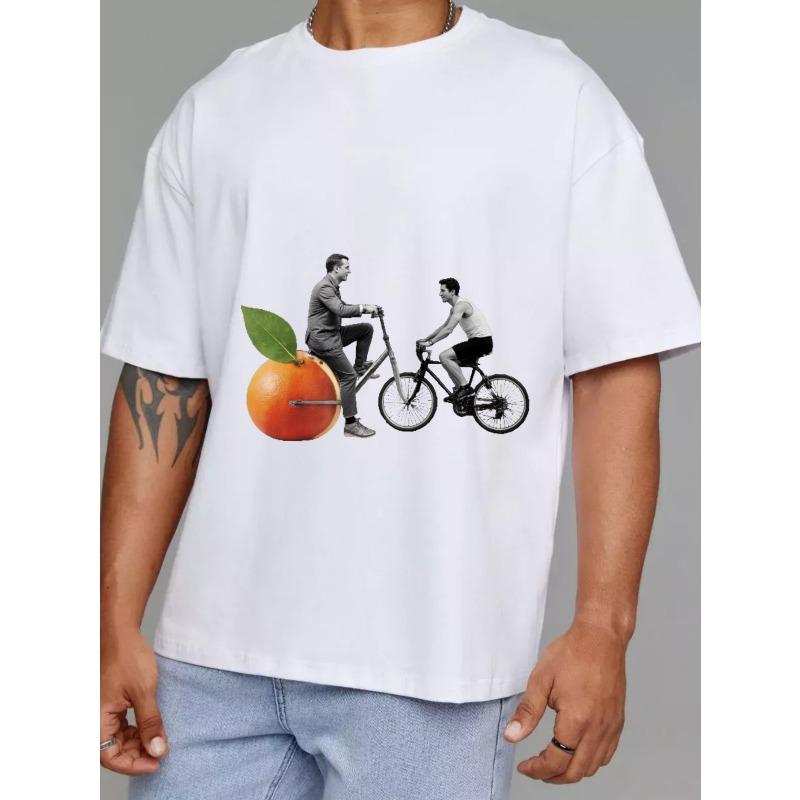 Pánské tričko s kulatým výstřihem bílé oranžové kolo cyklistika grafický potisk ležérní oblečení streetwear módní top pro každodenní nošení a outdoorové aktivity