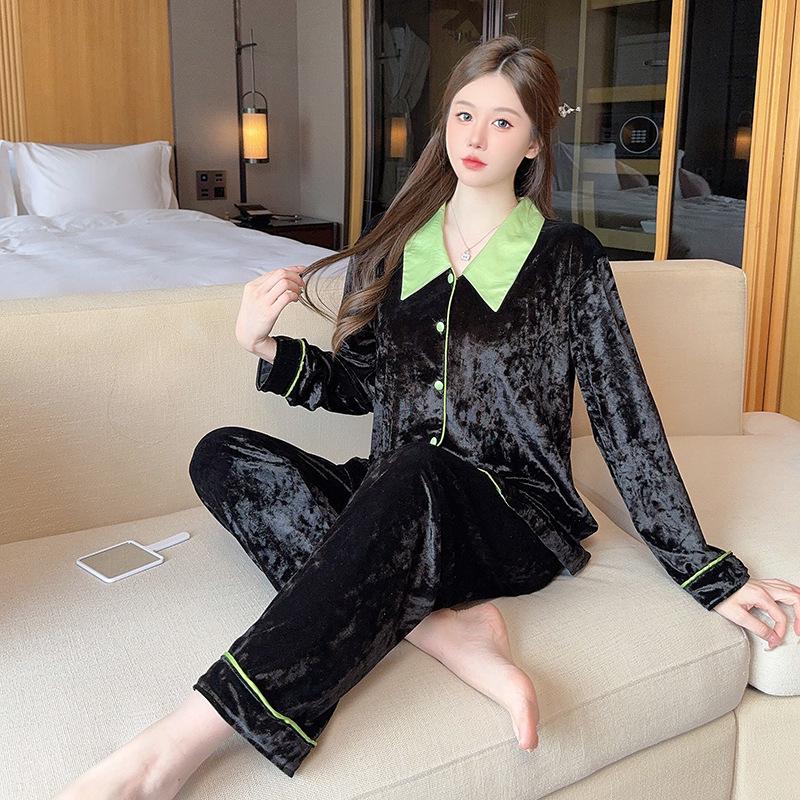 Women's French Luxury Pajama Set: Gold Velvet Long-Sleeved Top & Pants for Autumn/Winter