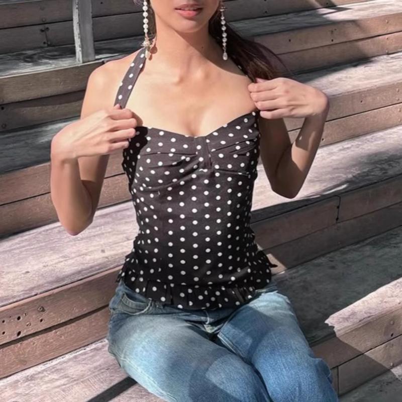 New French Polka Dot Print Sexy Halter Neck Camisole Top for Women Pure and Alluring Princess Style Fitted Waist Tank Top