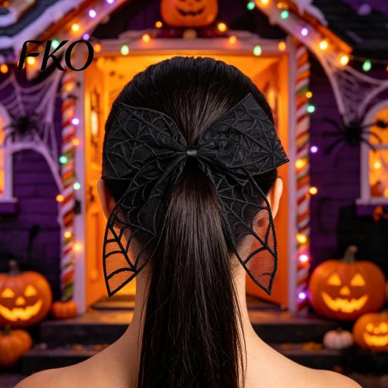 Mesh Bow Hair Clip Halloween Bat Spring Clips, Black White Lace Spider Web Unique Hairpin Barrettes, Gothic Dark Style for Women Cosplay Costume