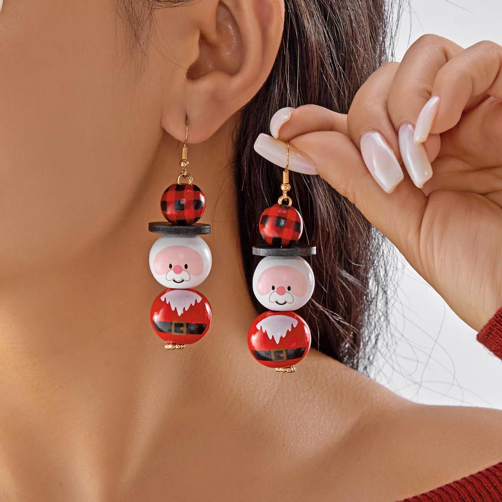 Design Sense Wooden Bead Santa Claus Earrings for Women Funny White Snowman Earrings New Year Holiday Exquisite Jewelry Gifts