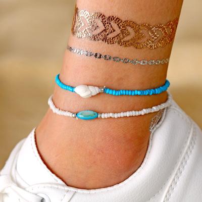 2024 2 Teile/satz Boho Handgemachte Perlen Fußkettchen Natürliche Muschel Reis Perlen Fußkettchen für Frauen Böhmischen Schmuck